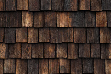 Fototapeta premium Rustic wooden shingles forming a textured wall or roof pattern with warm tones and natural grain