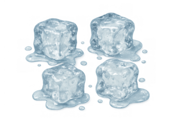 Ice cubes melting, releasing water droplets. Transparent background for easy integration into designs. A cooling refresh concept