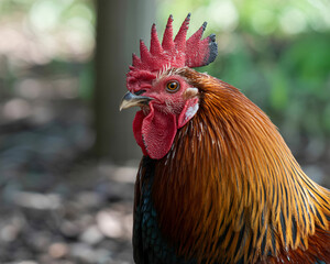 Majestic rooster portrait with vibrant plumage, perfect for farm, nature, or wildlife themes with its striking colors and detailed feathers