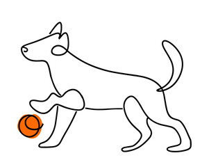 one line drawing of a dog playing with an orange ball.Isolated transparent background ( include cut-out PNG file )