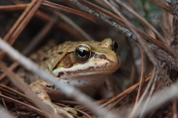 Fototapeta premium Iberian frog Rana Iberica spotted in its natural habitat among pine needles in Sierra Guadarrama National Park during a sunny afternoon
