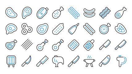 Collection of stylized icons representing various meat products, cooking tools, and grilling equipment.