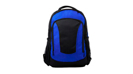 Fototapeta premium Blue backpack school bag travel accessory durable fabric black accents modern design isolated on white practical unisex lightweight