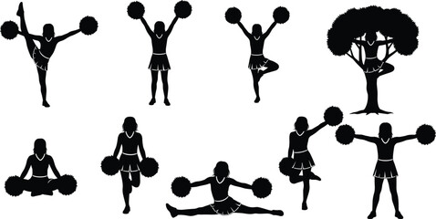 Cheerleader Silhouette Vector Collection in Various Poses with Pom-Poms, Dynamic Motion Graphics Set, Sport, Fitness, Acrobatics, and Excitement Black Figure Illustrations