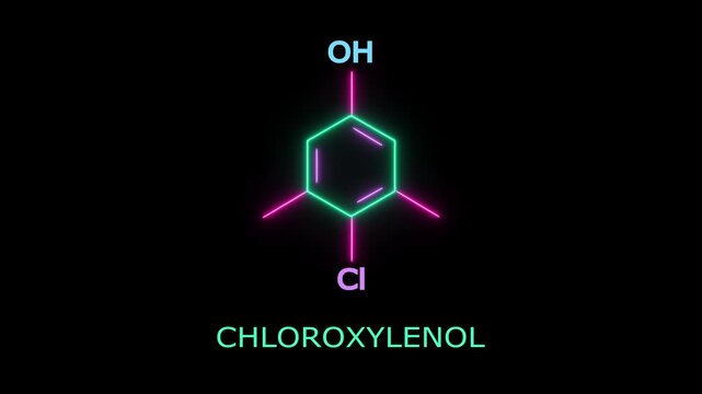 Vibrant Neon chemical structure of chloroxylenol antiseptic and disinfectant molecule. Futuristic glowing chemical molecular model of chloroxylenol on black background.