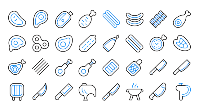 Collection of stylized icons representing various meat products, cooking tools, and grilling equipment.