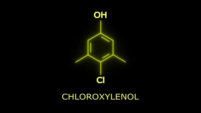 Vibrant Neon chemical structure of chloroxylenol antiseptic and disinfectant molecule. Futuristic glowing chemical molecular model of chloroxylenol on black background.