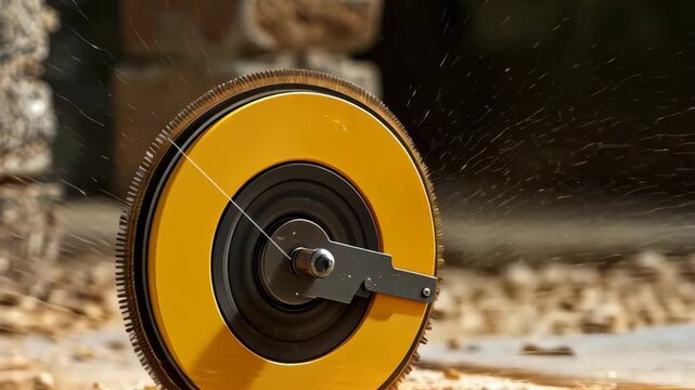 Woodworking tool cuts through material, showing sparks and action in a workshop setting during daylight hours