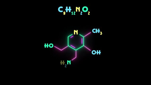 Glowing neon chemical structure of pyridoxine (Vitamin B6) essential nutrient molecule. Futuristic molecular model of pyridoxine vitamin B6 structure on black background.