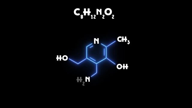 Glowing neon chemical structure of pyridoxine (Vitamin B6) essential nutrient molecule. Futuristic molecular model of pyridoxine vitamin B6 structure on black background.