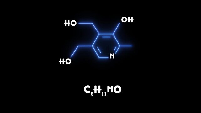 Glowing neon chemical structure of pyridoxine (Vitamin B6 active form) essential nutrient molecule. Futuristic molecular model of pyridoxine (vitamin B6 active form) structure on black background.