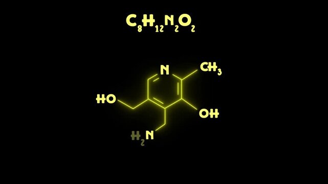 Glowing neon chemical structure of pyridoxine (Vitamin B6) essential nutrient molecule. Futuristic molecular model of pyridoxine vitamin B6 structure on black background.