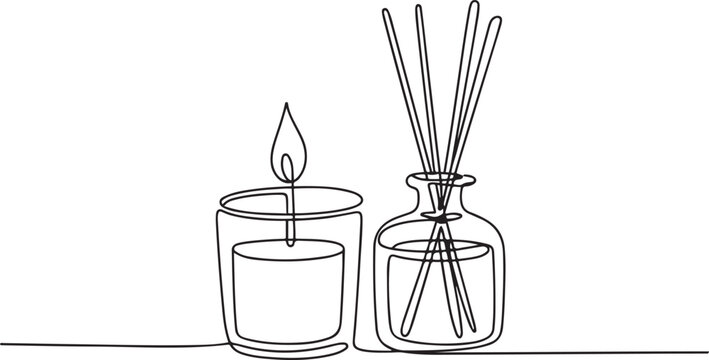 Continuous one line drawing of Candle and Reed Diffuser Oil. Single line drawing illustration of Reed diffuser bottle. one line Icon drawing