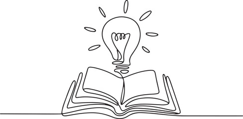 Opened book with light bulb in one continuous line drawing. Symbol of idea for business or schedule. one line Icon drawing