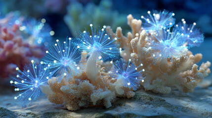 Bioluminescent organisms glow among coral reefs in a surreal underwater scene, blending nature and futuristic aesthetics