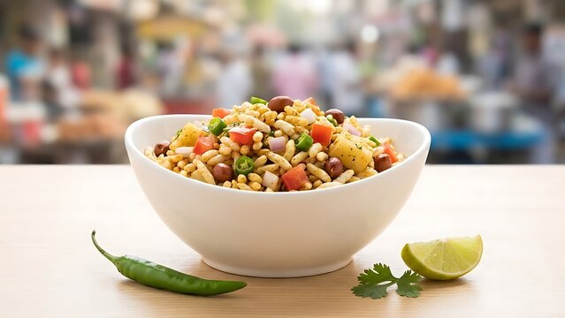 Delicious indian bhel puri street food snack in a white bowl
