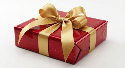 Obraz premium Red gift box wrapped with a gold ribbon and bow, on a white background, symbolizing celebrations and special occasions