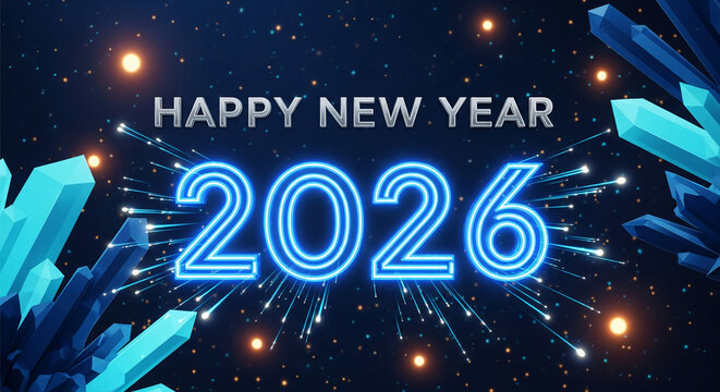 Image displays "Happy New Year 2026" with neon effect, set against a dark space with star and crystal, symbolizing celebration and futuristic hope
