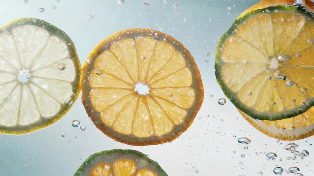Slices of lemon and lime mid-splash in water, emphasizing freshness and vibrancy. the dynamic scene highlights juicy citrus fruits, ideal for themes of refreshment, hydration, or summer concepts.