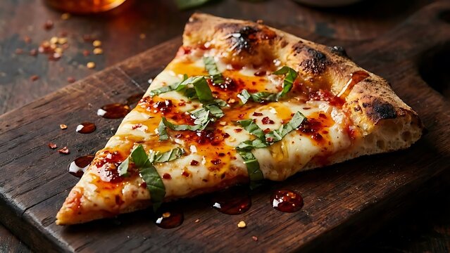 A delicious spicy pizza slice with fresh basil and chili oil