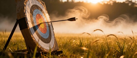 Arrow Hitting Bullseye in Field at Sunrise