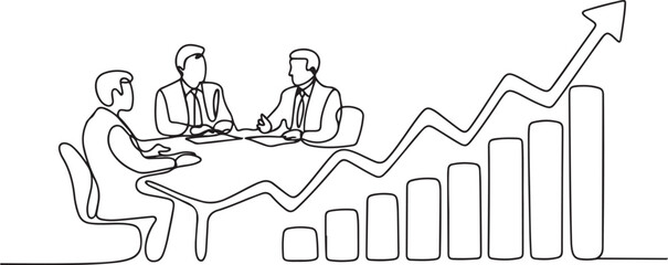 Continuous one line drawing of Business pople meeting with growing graph. Single line drawing illustration of Business Growth plan. one line Icon drawing