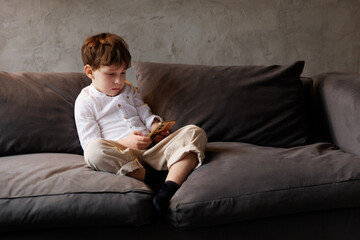 Young Boy Using Smartphone While Sitting on Sofa at Home