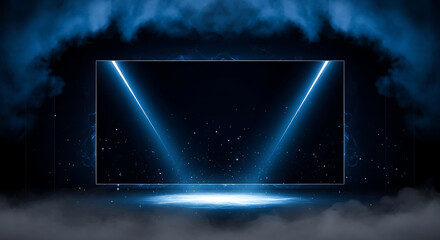 Futuristic neon square stage with dramatic blue spotlights and smoke