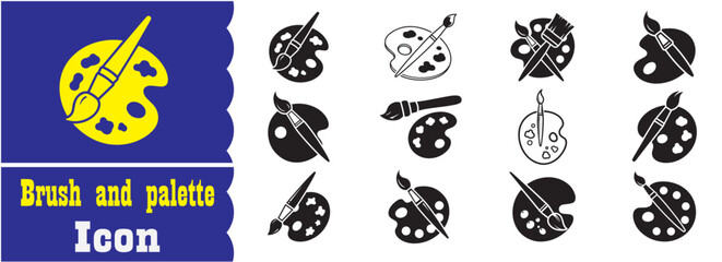 Fototapeta premium Set of Brush and palette icon, Brush and palette Black vector collection
