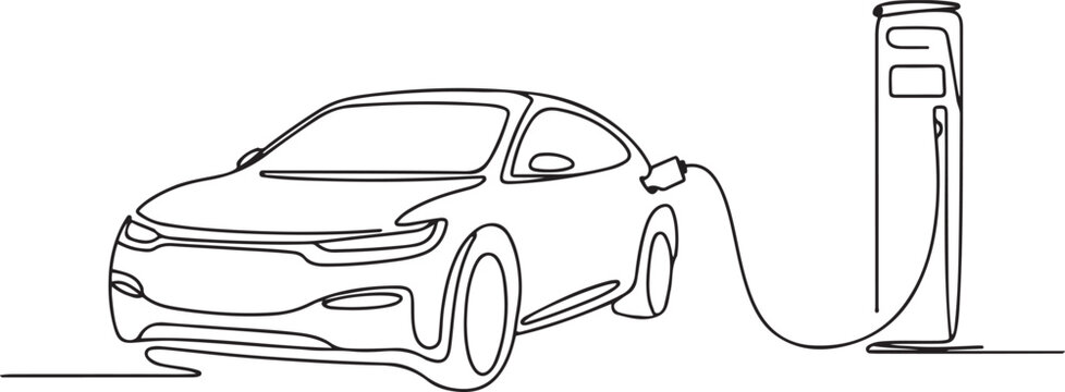 Continuous one line drawing of Electric car at charging stations. Single line drawing illustration of Electric car. one line Icon drawing