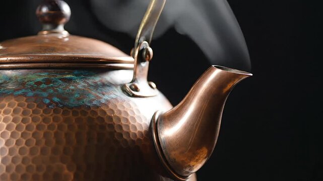 Warmth and tradition emanate from this close-up of a steaming hammered copper kettle with a rich, aged patina, perfect for hot beverages