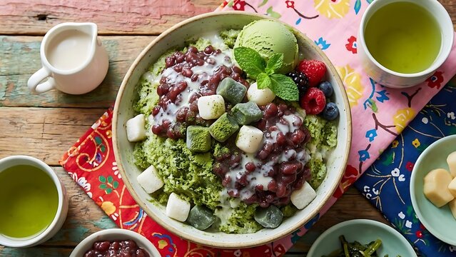 Matcha red bean bingsu dessert with mochi and ice cream on wood - Powered by Adobe