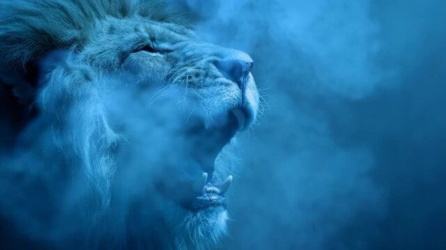 Roaring lion head portrait with blue smoke or fog effect in dark background