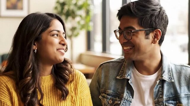 Couple sharing a joke, captured in a moment of genuine laughter and connection. Sharing a joke strengthens bond between partners, creating a lighthearted and enjoyable atmosphere.