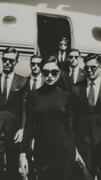 Elegance and Security: A stylish woman, exuding confidence in a black outfit and sunglasses, disembarks from a private jet, flanked by discreet security personnel.