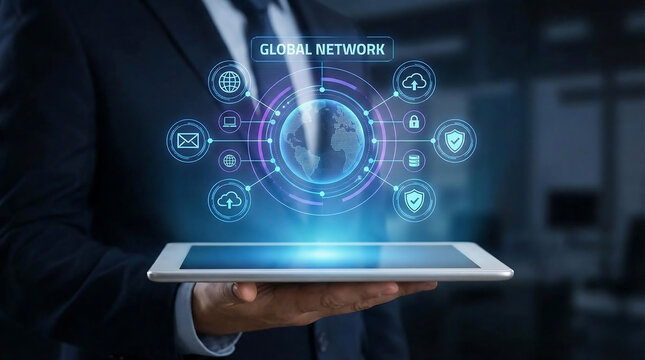 Businessman holding a tablet displaying a global network interface connecting various digital services and technologies for business and communication solutions
