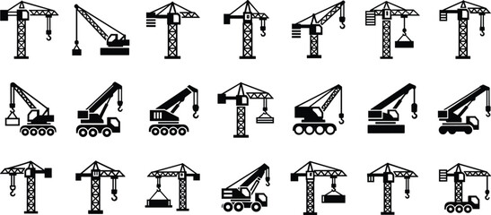 Construction crane icon set, heavy machinery silhouettes, black vector collection, industrial building equipment symbols, mobile tower engineering lift signs