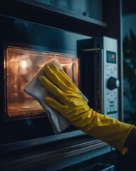 A person is cleaning a microwave with a yellow glove on