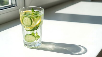 Refreshing cucumber lemon mint detox water on a sunny windowsill