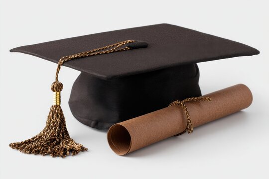 Closed graduation cap and rolled diploma lying together on a simple background in a celebratory display that signifies academic achievement and completion of educational goals