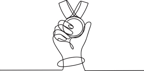 Hand with Winning badge in one continuous line drawing. Single line drawing illustration of Award winning ribbon with hand. one line Icon drawing