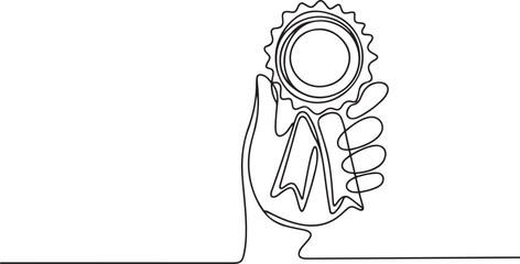 Hand with Winning badge in one continuous line drawing. Single line drawing illustration of Award winning ribbon with hand. one line Icon drawing