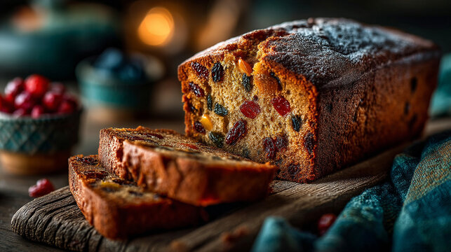 Festive holiday fruitcake with cranberries and sliced pieces