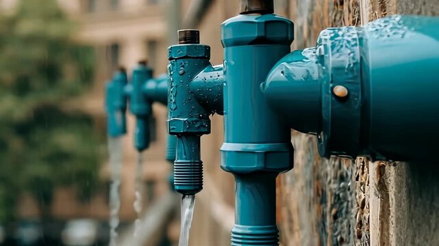 Colorful blue water fixtures in an urban setting supply fresh water to the public on a sunny day in the city
