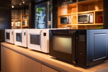 Obraz premium A row of microwaves are lined up on a counter