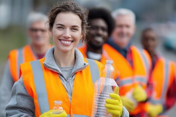 Happy worker wearing safety vest and gloves holds plastic bottles while standing with colleagues during a cleanup activity in community park on a sunny day