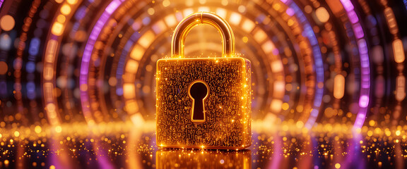 3D golden glowing sparkling standing lock with dark gradient key hole core surrounded by rotating binary numbers neon purple, red, and blue rings, intricate details, golden flecks of light fall on the