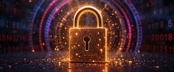 3D golden glowing sparkling standing lock with dark gradient key hole core surrounded by rotating binary numbers neon purple, red, and blue rings, intricate details, golden flecks of light fall on the