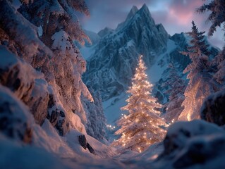 Illuminated Christmas tree among snowy pines in mountain twilight, perfect for seasonal cards and festive marketing visuals.