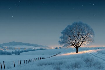 Lonely winter tree glowing under starry night sky above snowy valley, ideal for poetic christmas campaigns or peaceful wallpapers.